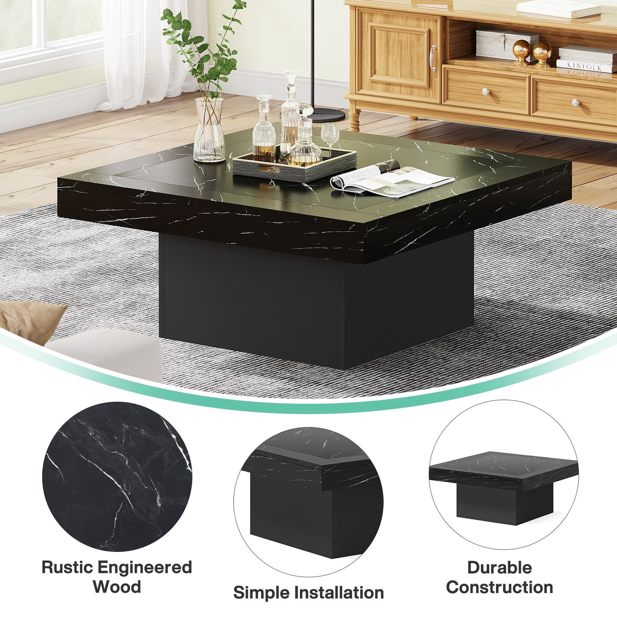 Farmhouse Coffee Table Square LED Coffee Table Engineered wood Coffee Table for Living Room