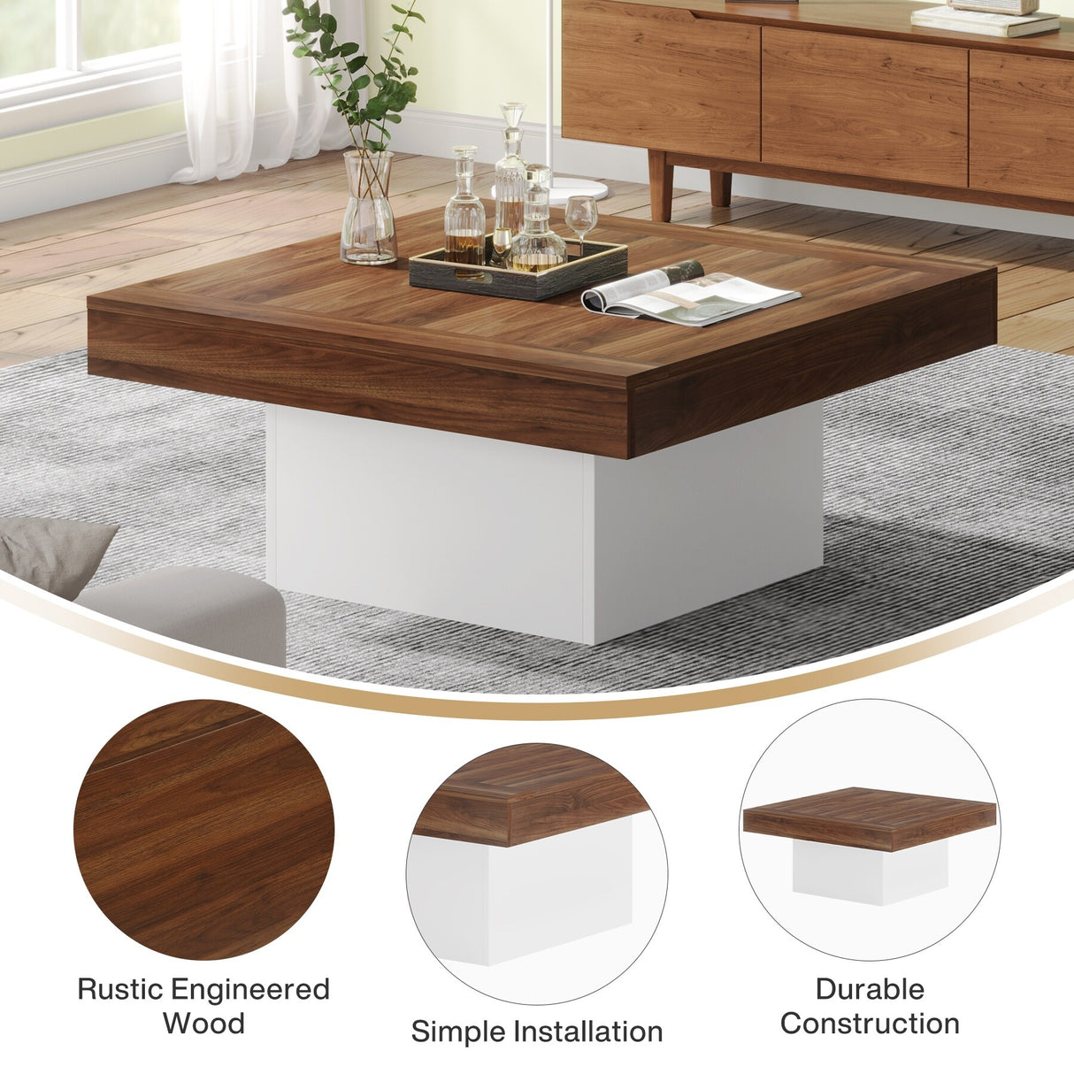 Farmhouse Coffee Table Square LED Coffee Table Engineered wood Coffee Table for Living Room