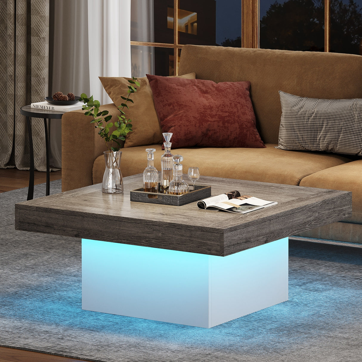 Farmhouse Coffee Table Square LED Coffee Table Engineered wood Coffee Table for Living Room