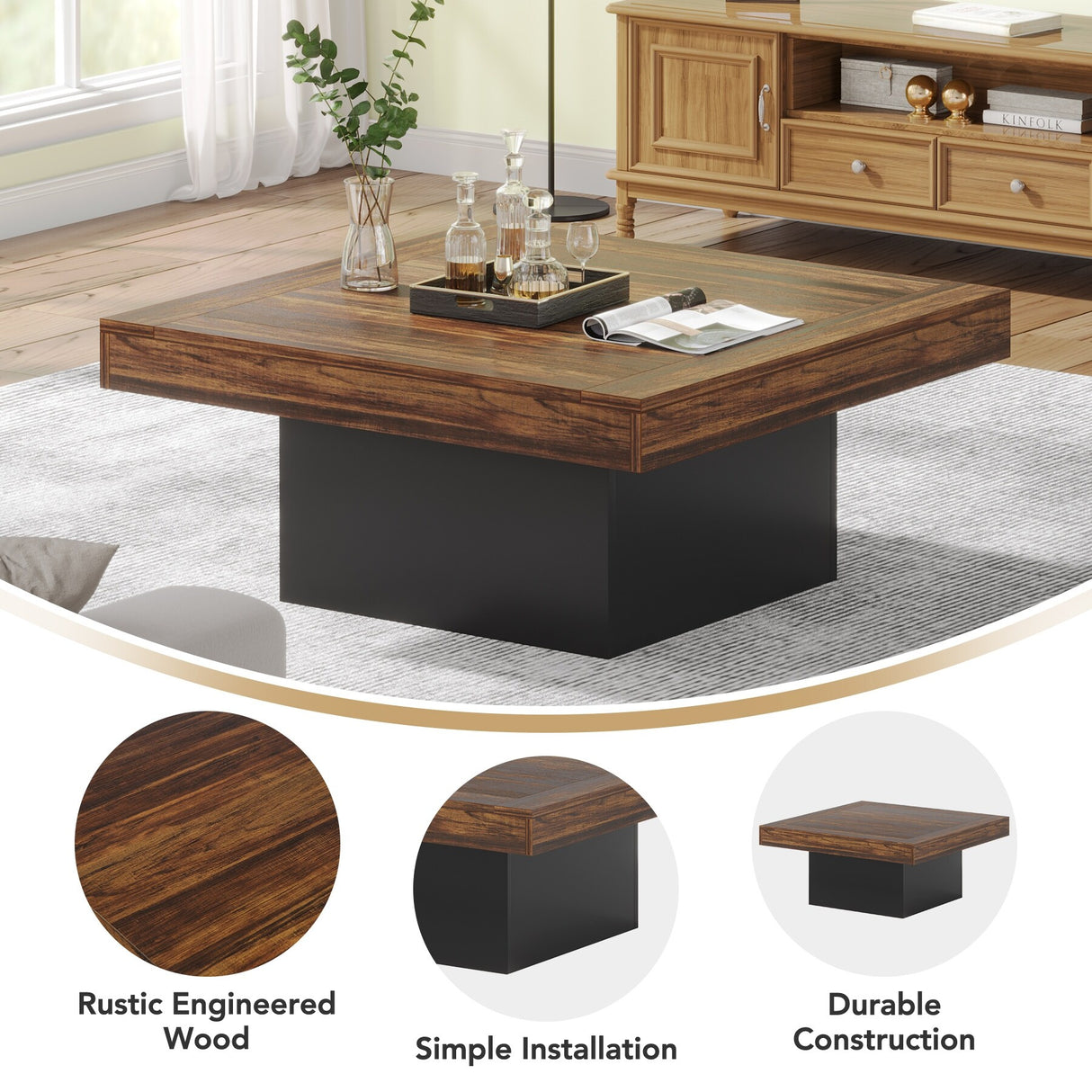 Farmhouse Coffee Table Square LED Coffee Table Engineered wood Coffee Table for Living Room