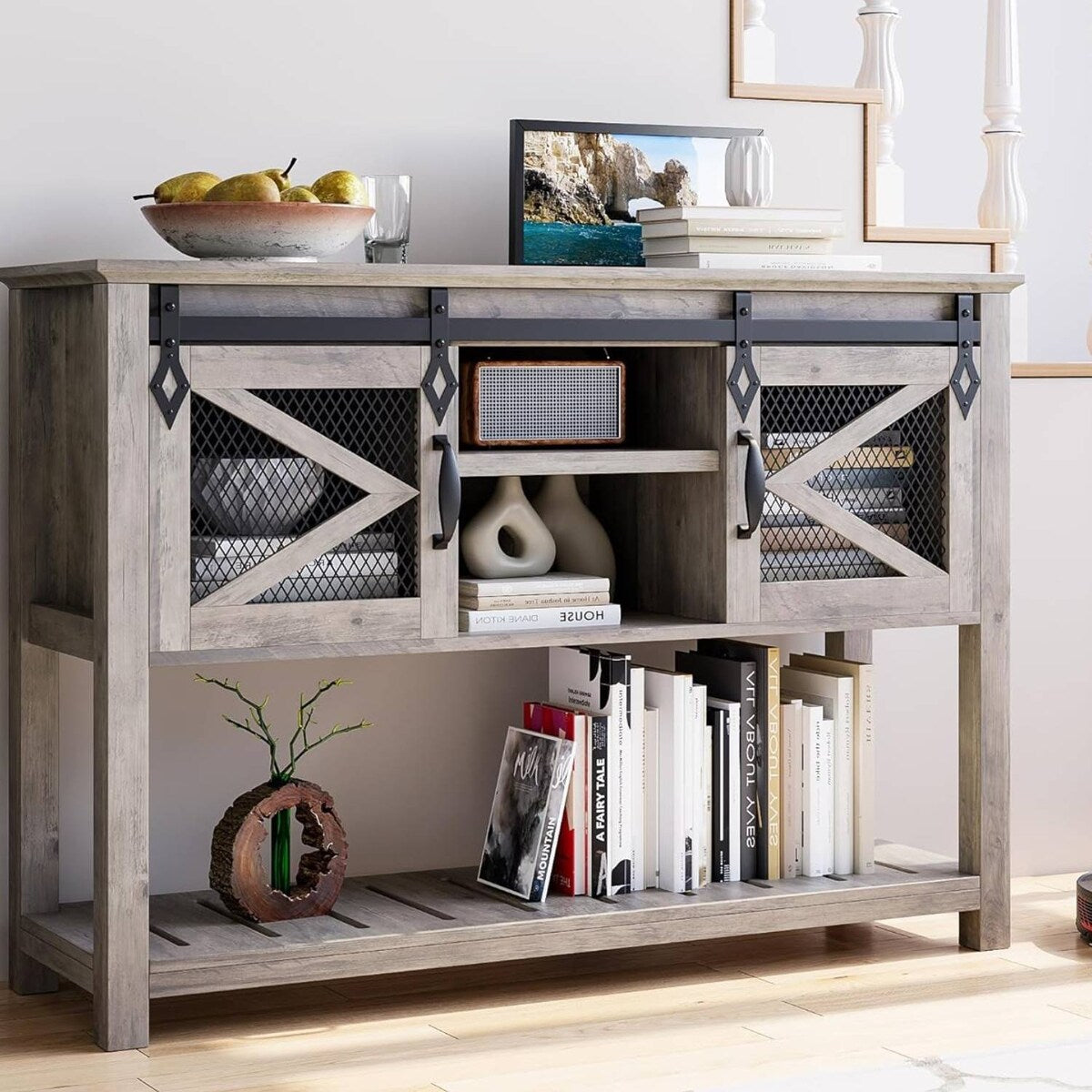 Farmhouse Entryway Table with Storage and Open Shelf