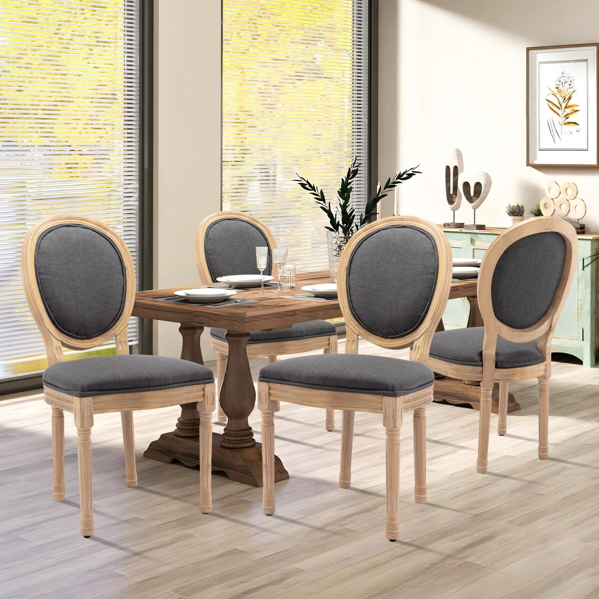 Farmhouse French Dining Room Antique Painting Chairs with PU Set of 4