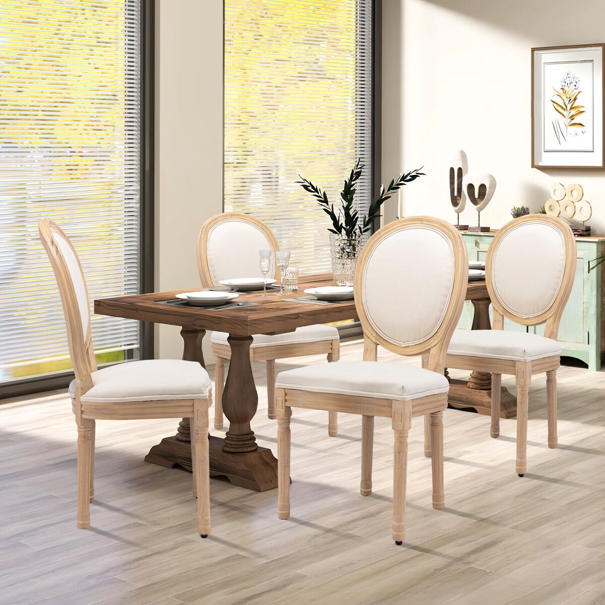 Farmhouse French Dining Room Antique Painting Chairs with PU Set of 4