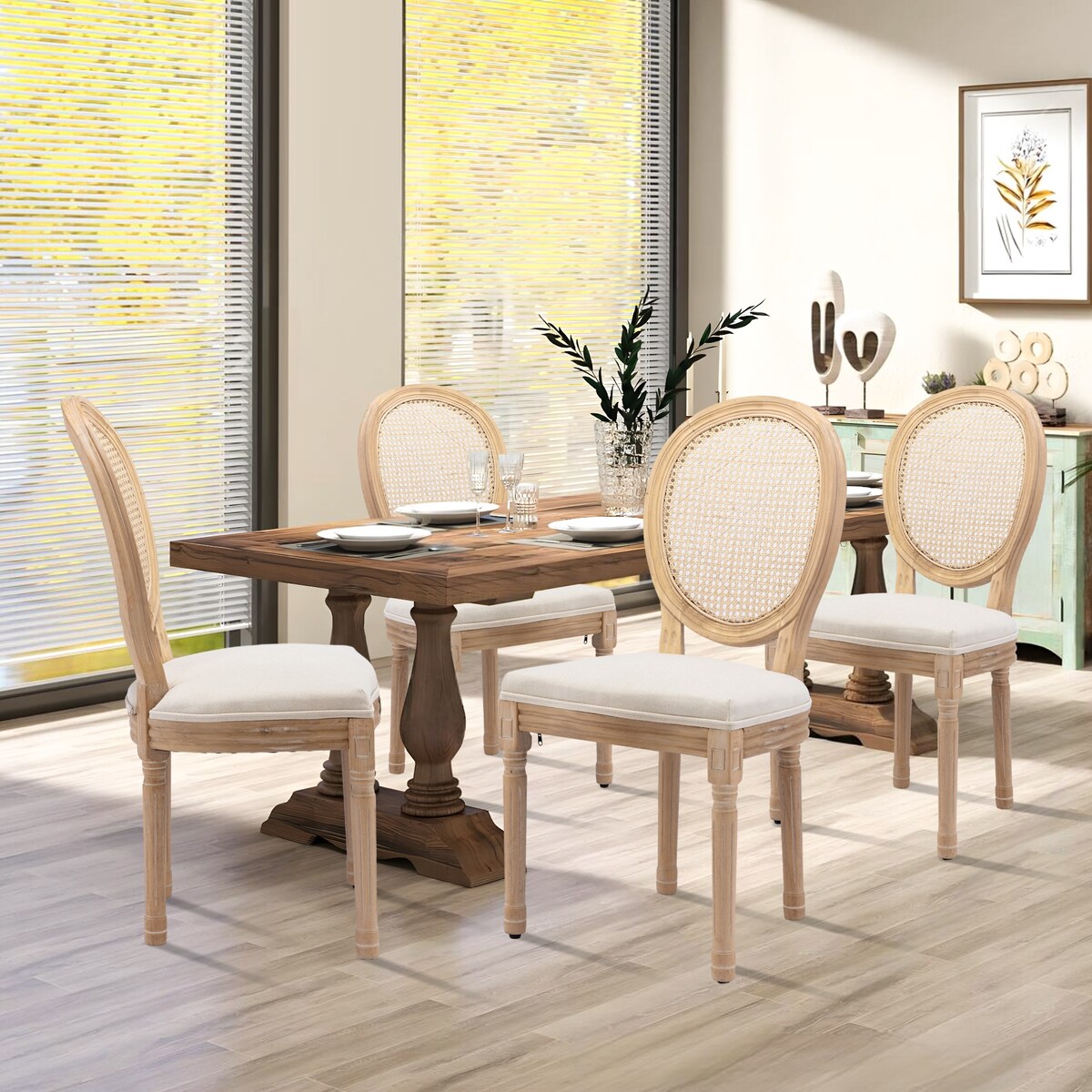 Farmhouse French Dining Room Antique Painting Chairs with PU Set of 4