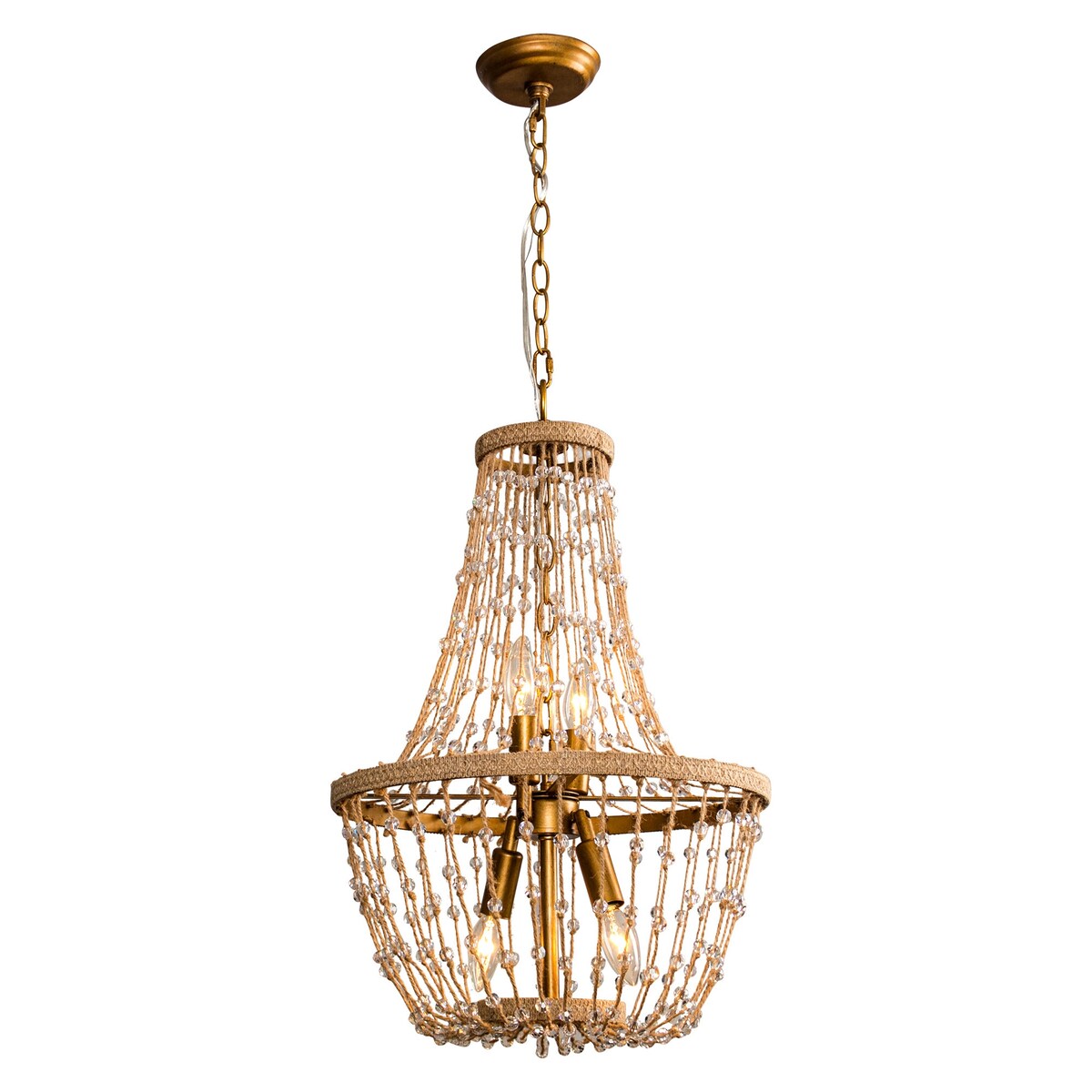 Bohemian Natural Brown Hemp Rope 4-Light Basket Chandelier - 16.54" fixture width x 25.2" fixture height