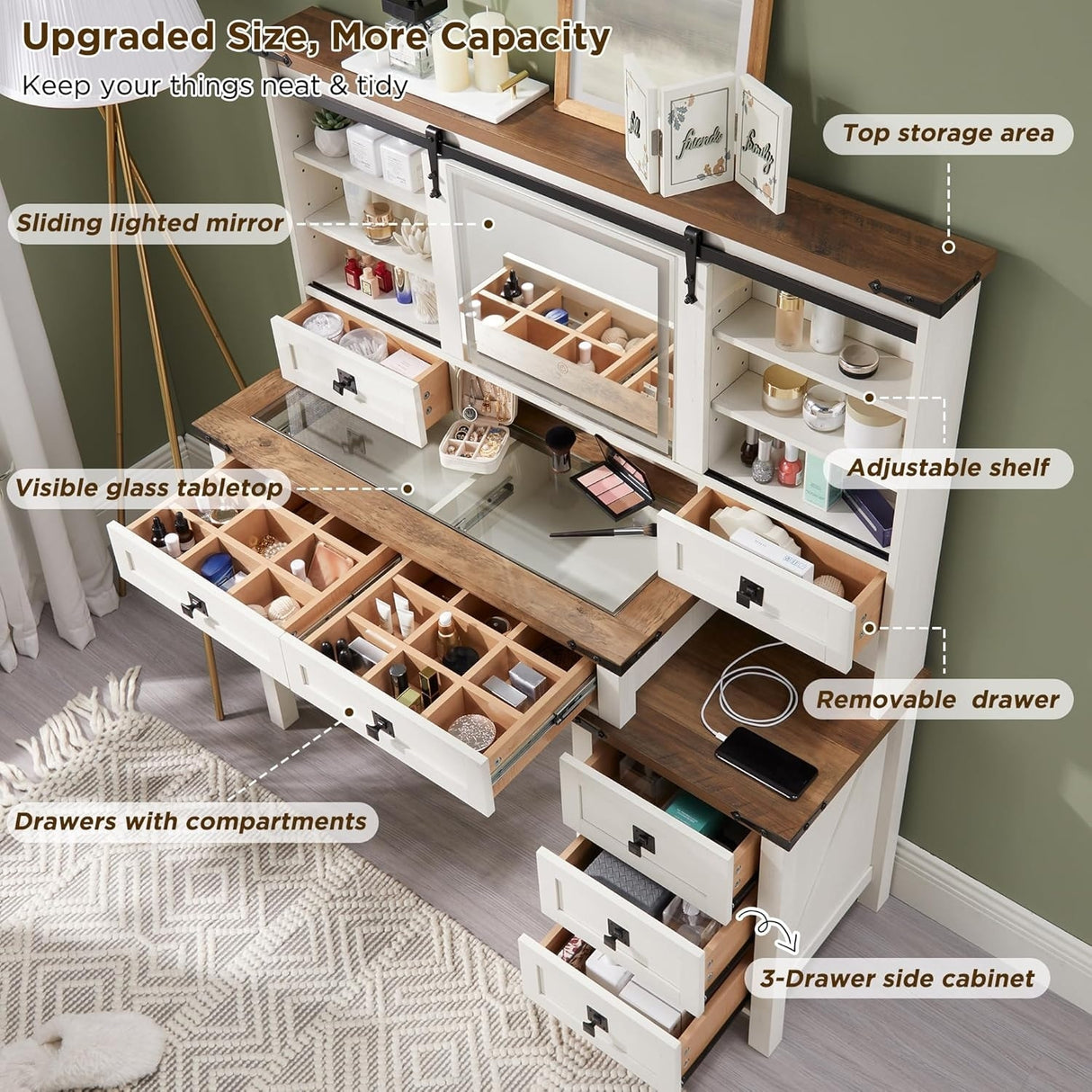 Farmhouse Makeup Vanity Desk with Mirror & Lights, Rustic Vanity Table