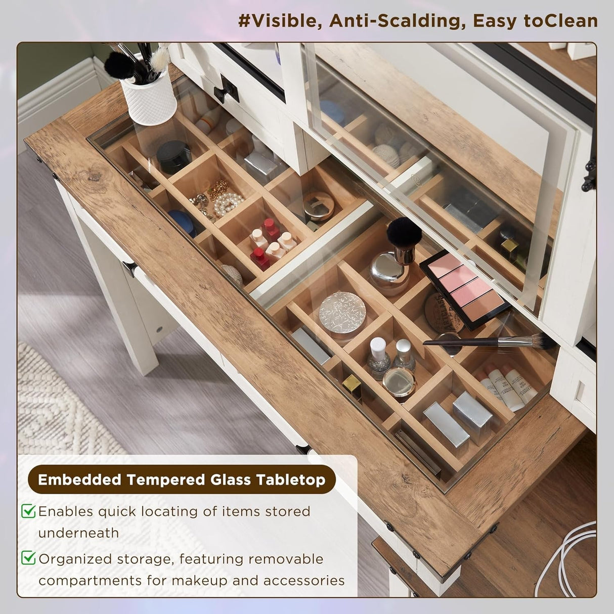 Farmhouse Makeup Vanity Desk with Mirror & Lights, Rustic Vanity Table