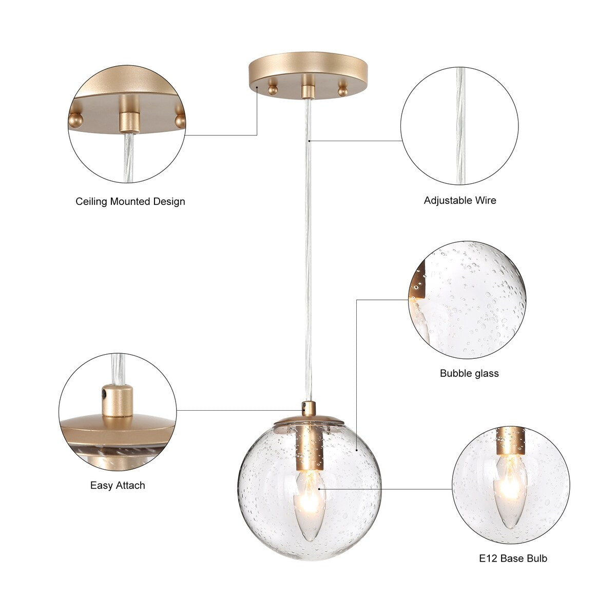 Farmhouse Mini 1-Light Glass Globe Pendant Lights Dimmable Orb Kitchen Sink Fixture - D5.5"xH6.5"