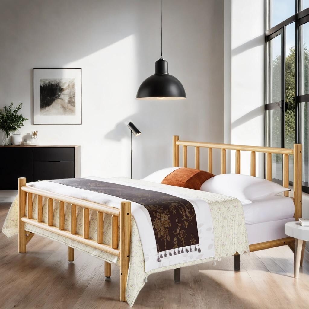 Farmhouse Queen Log Bed Frame, Solid Pine Wood with Cylindrical Construction, Natural Finish