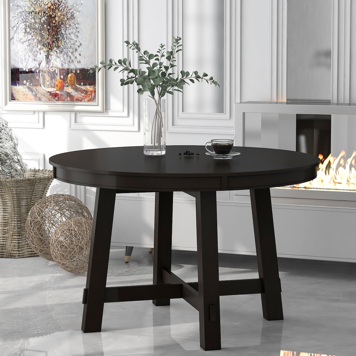 Farmhouse Round Extendable Dining Table with 16" Leaf Wood Kitchen Table