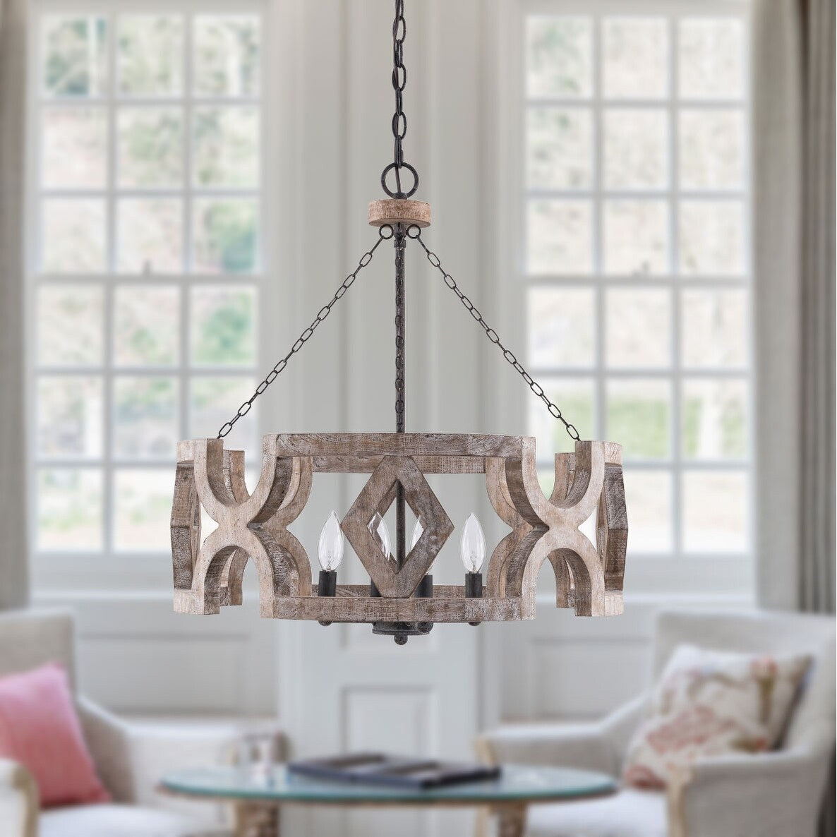 Cusp Barn Farmhouse Wood Chandelier Rustic 4-Light Cage Drum Island Light