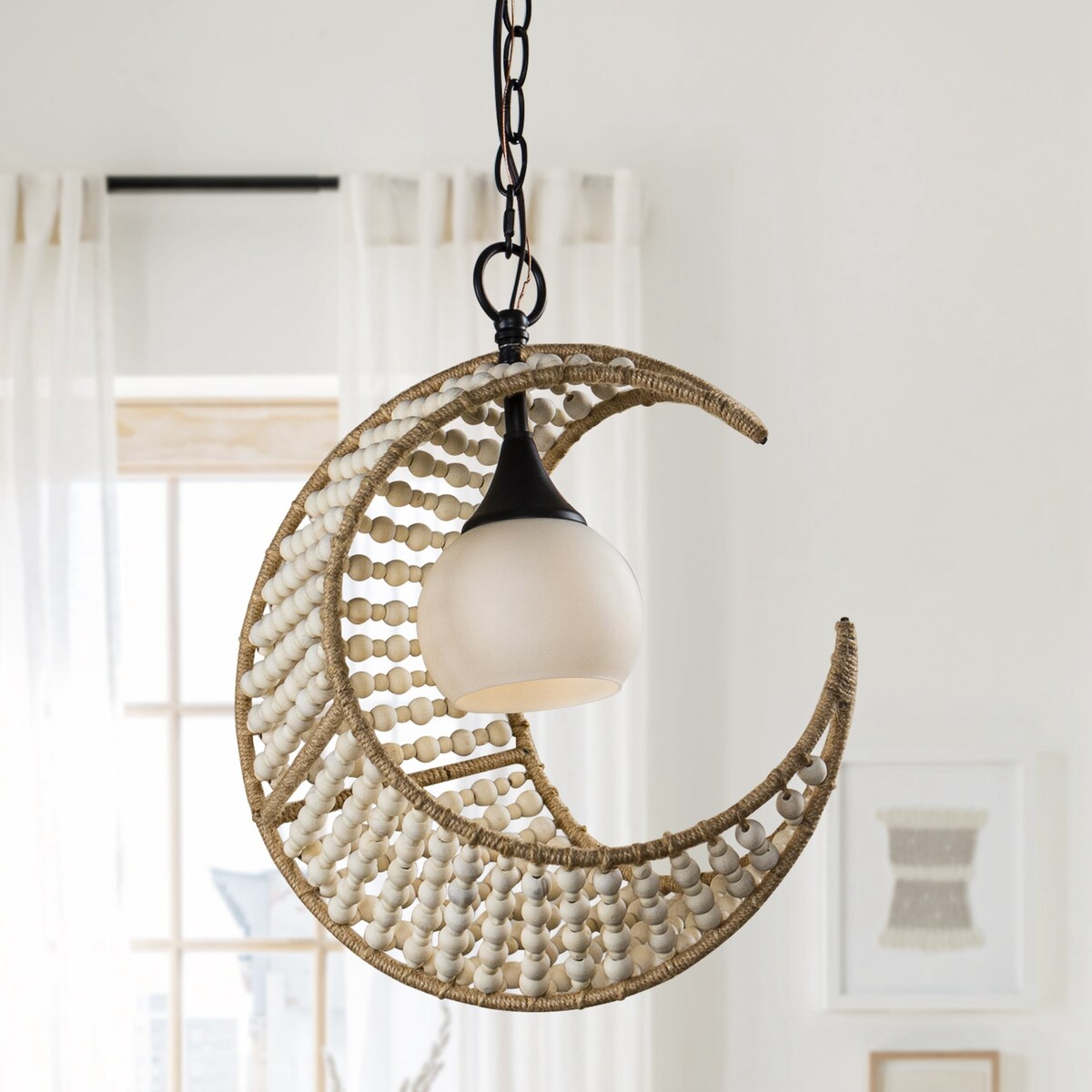 Farmhouse Single Light Beaded Crescent Moon Galss Shade Pendant Light - 15-in W