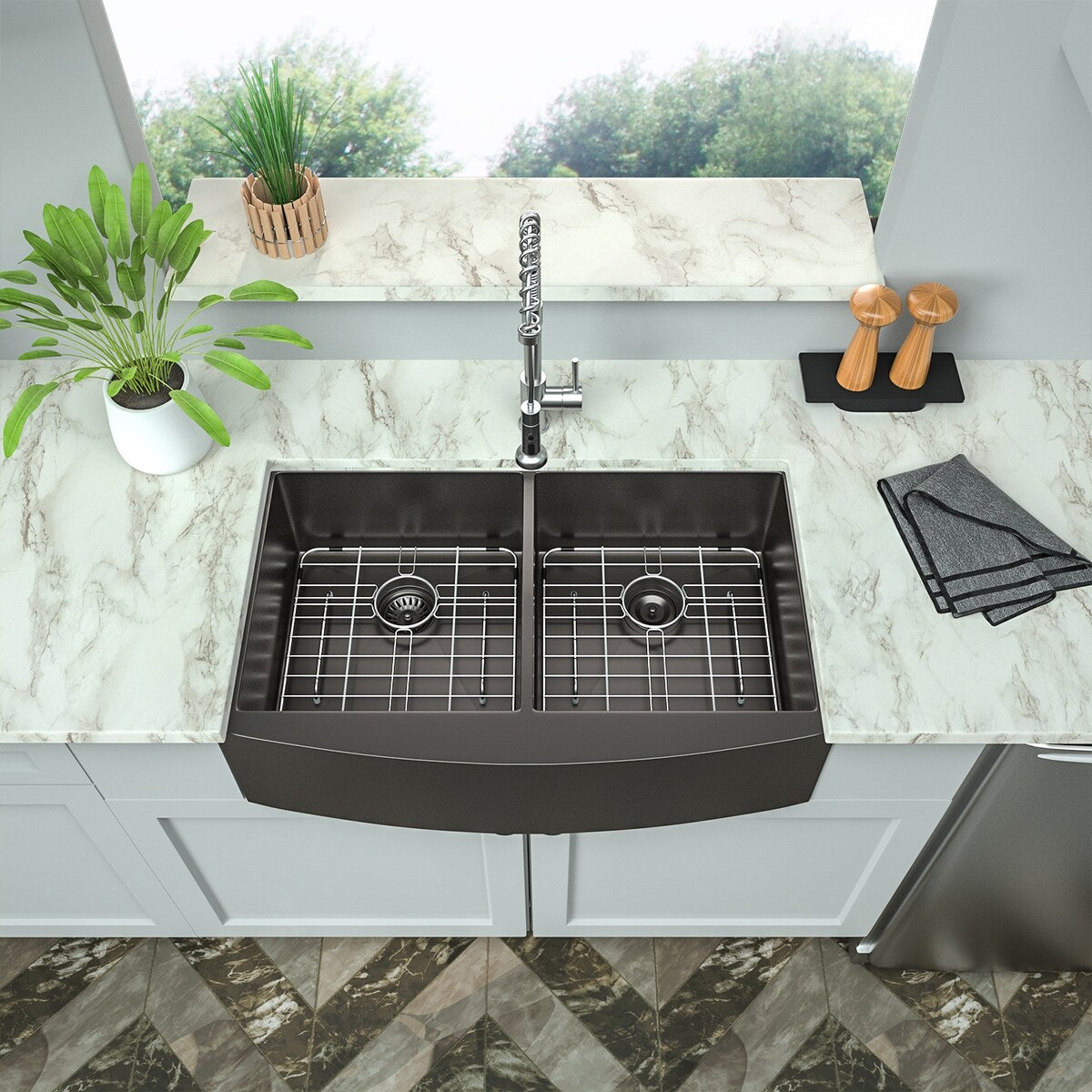 Farmhouse Sink Double Bowl - Mocoloo 33"x21" Gunmetal Black Undermount Apron Front Kitchen Sink
