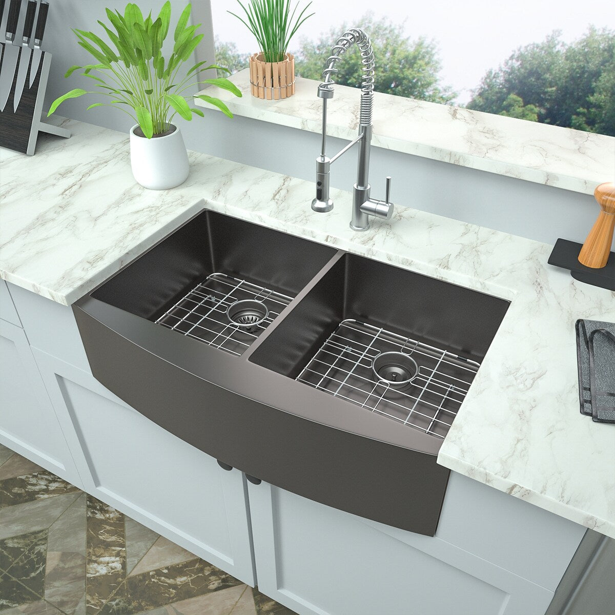 Farmhouse Sink Double Bowl - Mocoloo 33"x21" Gunmetal Black Undermount Apron Front Kitchen Sink