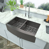 Farmhouse Sink Double Bowl - Mocoloo 33"x21" Gunmetal Black Undermount Apron Front Kitchen Sink