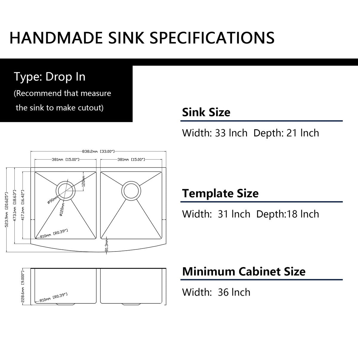 Farmhouse Sink Double Bowl - Mocoloo 33"x21" Gunmetal Black Undermount Apron Front Kitchen Sink