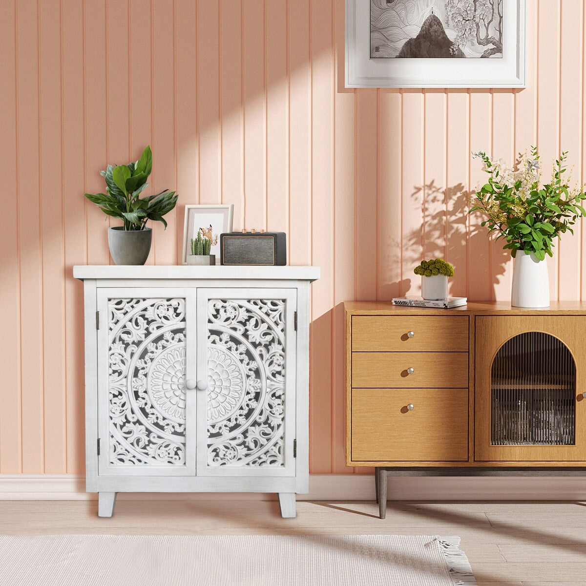 Farmhouse Storage Accent Cabinet with 2 Hollow Carved Doors,30.3''H - 27.6" x 14.1" x 30.3"