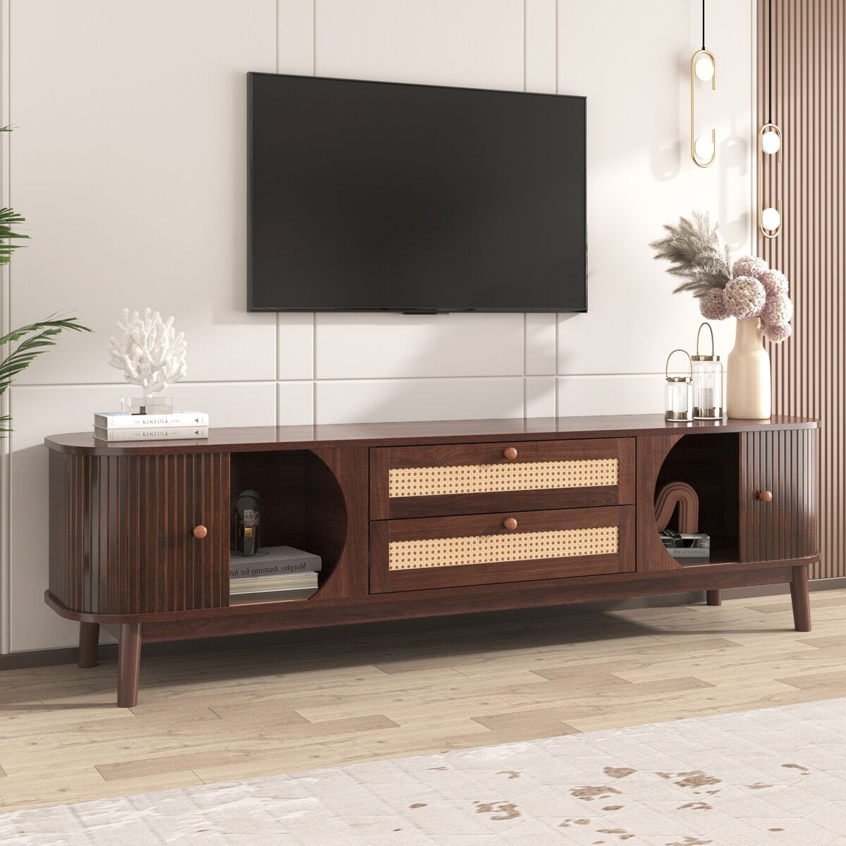 Farmhouse TV Stand for TVs up to 75'' with Solid Wood Legs and Sliding Doors
