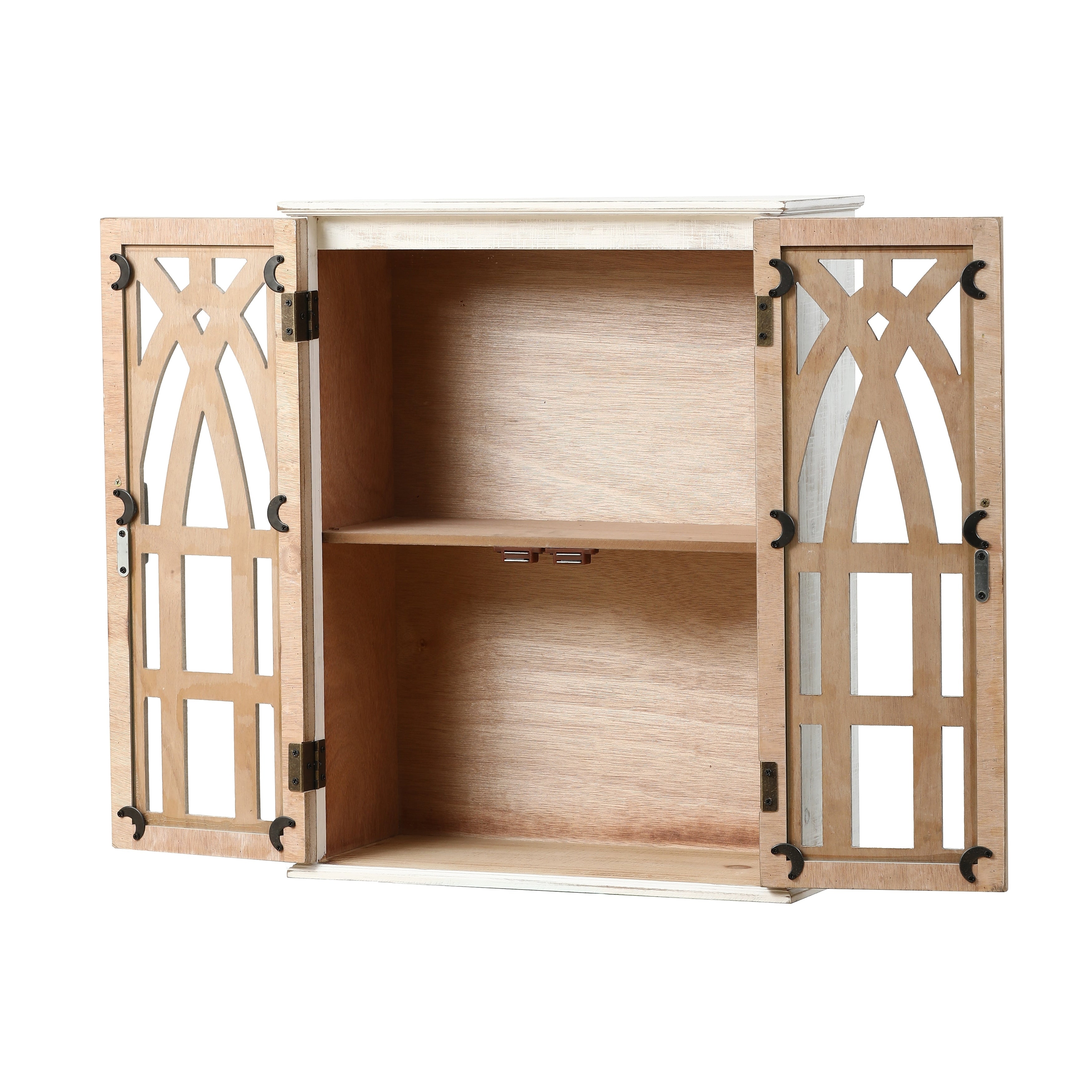 Farmhouse White and Natural Wood Cathedral Storage Wall Cabinet 23.6 H x 18.9 W x 8.27 D