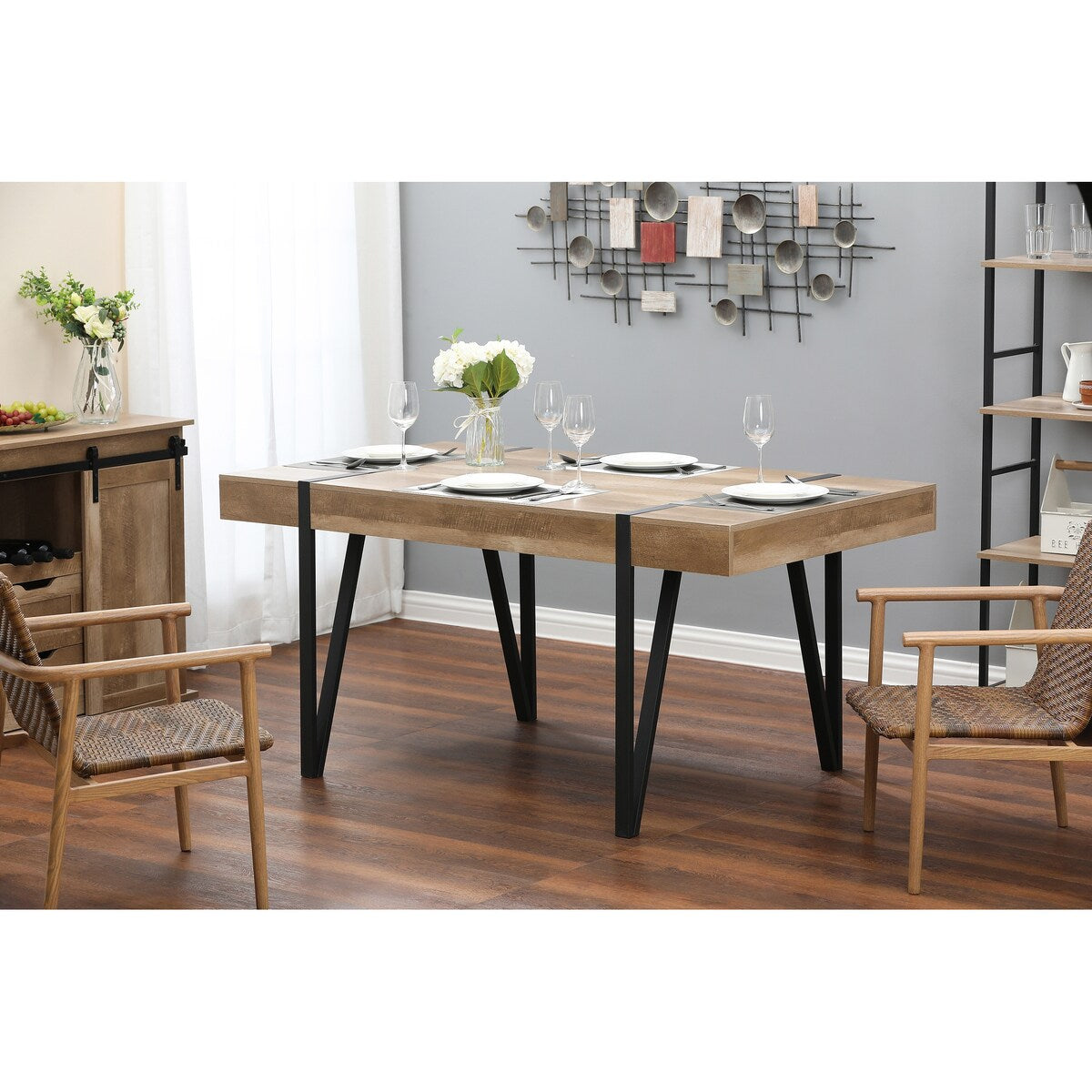 White Oak Wood Finish and Metal Dining Table - 30" H x 63" W x 35.5" D
