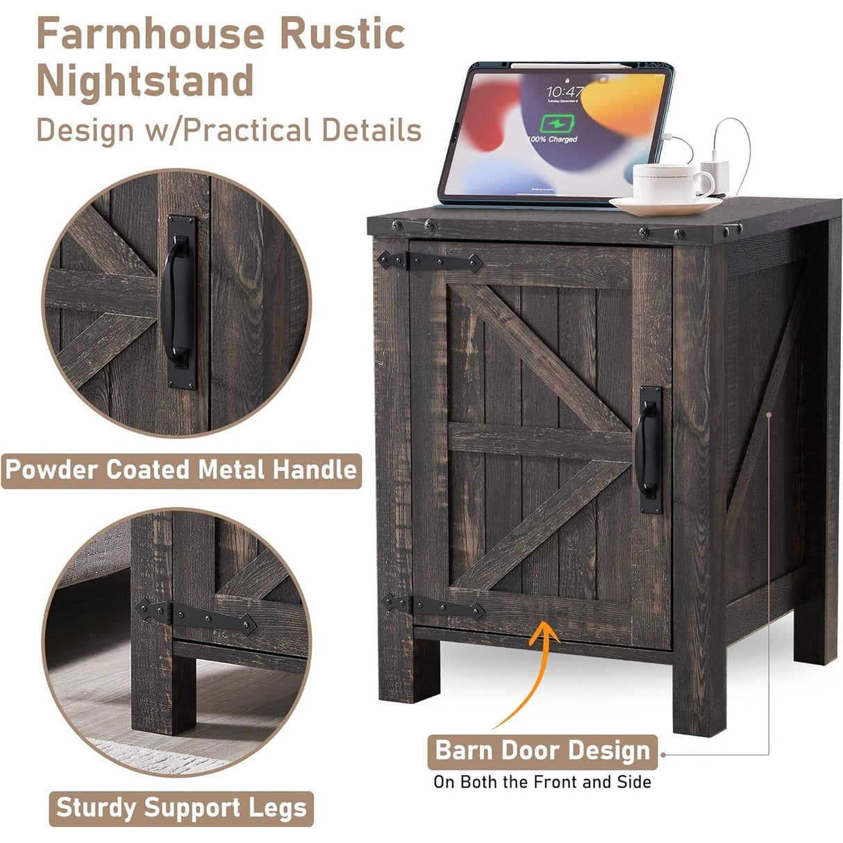 Farmhouse Wood Nightstand with Charging Station, End Table, Side Table