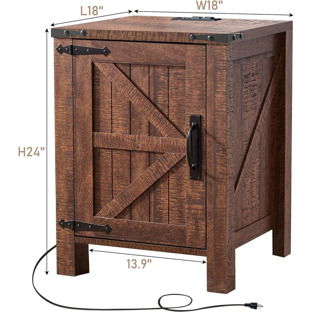 Farmhouse Wood Nightstand with Charging Station, End Table, Side Table