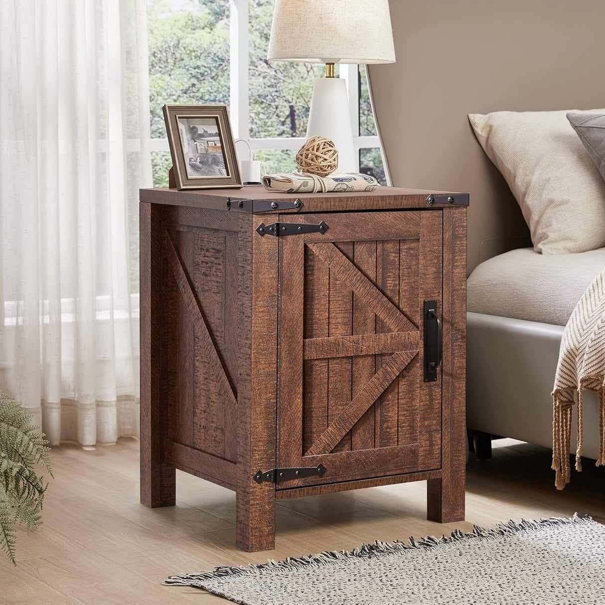 Farmhouse Wood Nightstand with Charging Station, End Table, Side Table