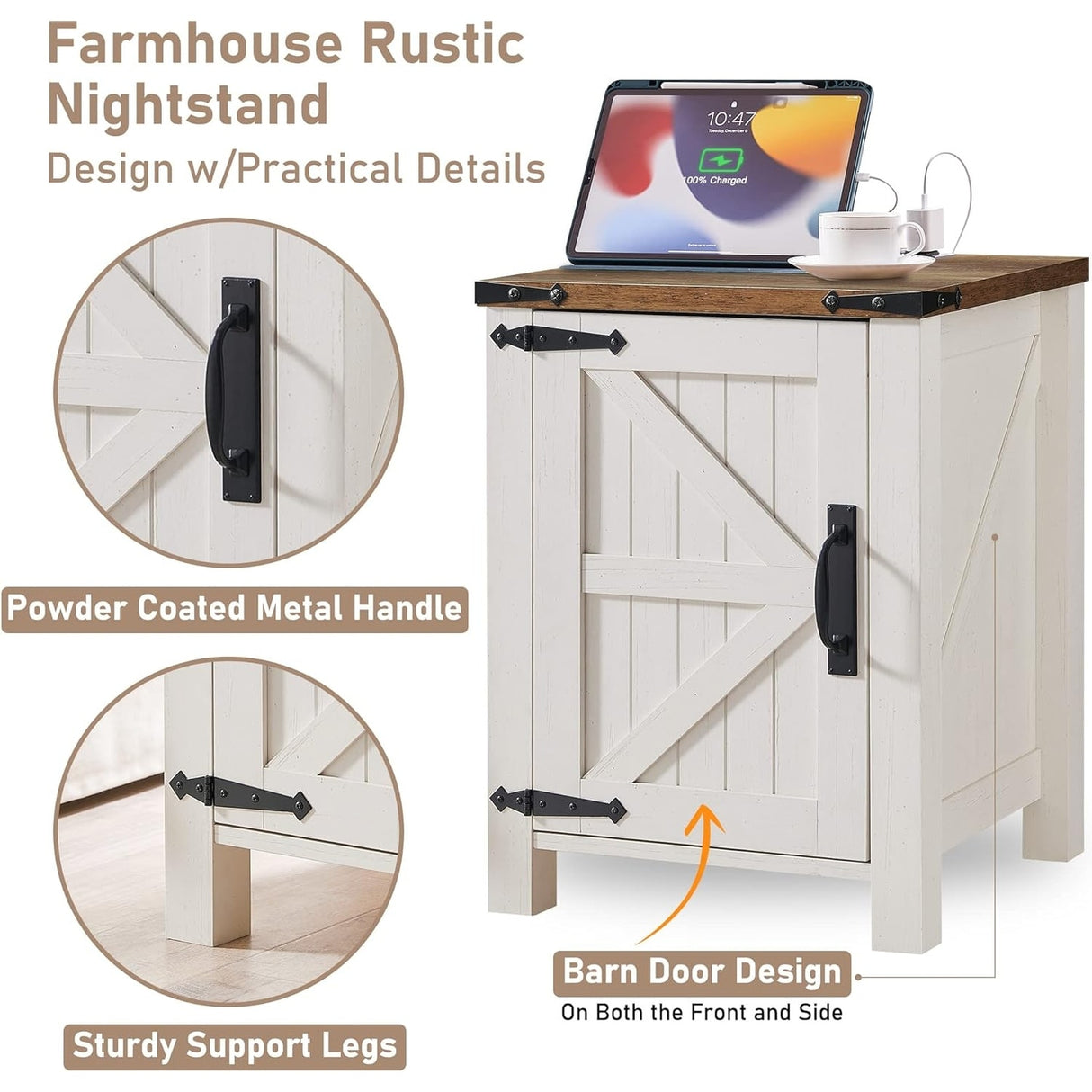 Farmhouse Wood Nightstand with Charging Station, End Table, Side Table