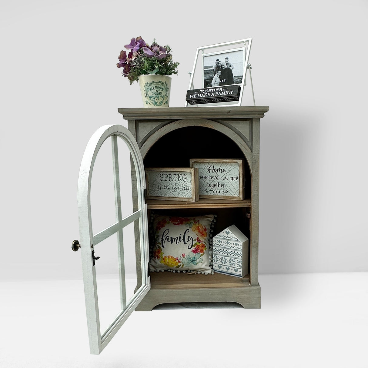 Farmhouse Wood Storage Cabinet with Arched Door and Shelf
