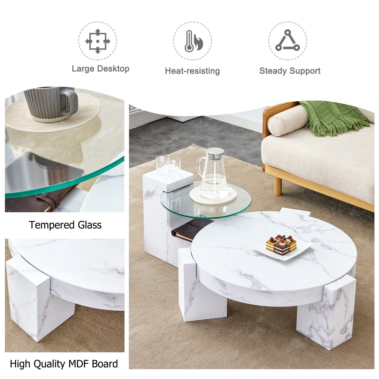 Fashionable Marble Textured MDF Coffee Table with Side Table, Versatile for Living Room and Bedroom
