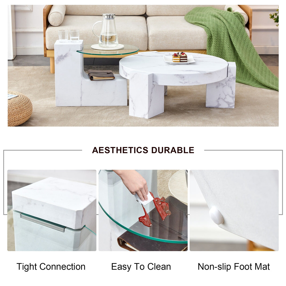 Fashionable Marble Textured MDF Coffee Table with Side Table, Versatile for Living Room and Bedroom