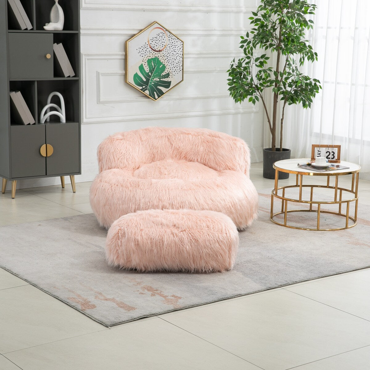 Faux Fur Bean Bag Chairs with Ottoman Oversized Fluffy Accent Chair and Foot Stool Set for Adults Kids Fuzzy Floor Sofa Navy Blue