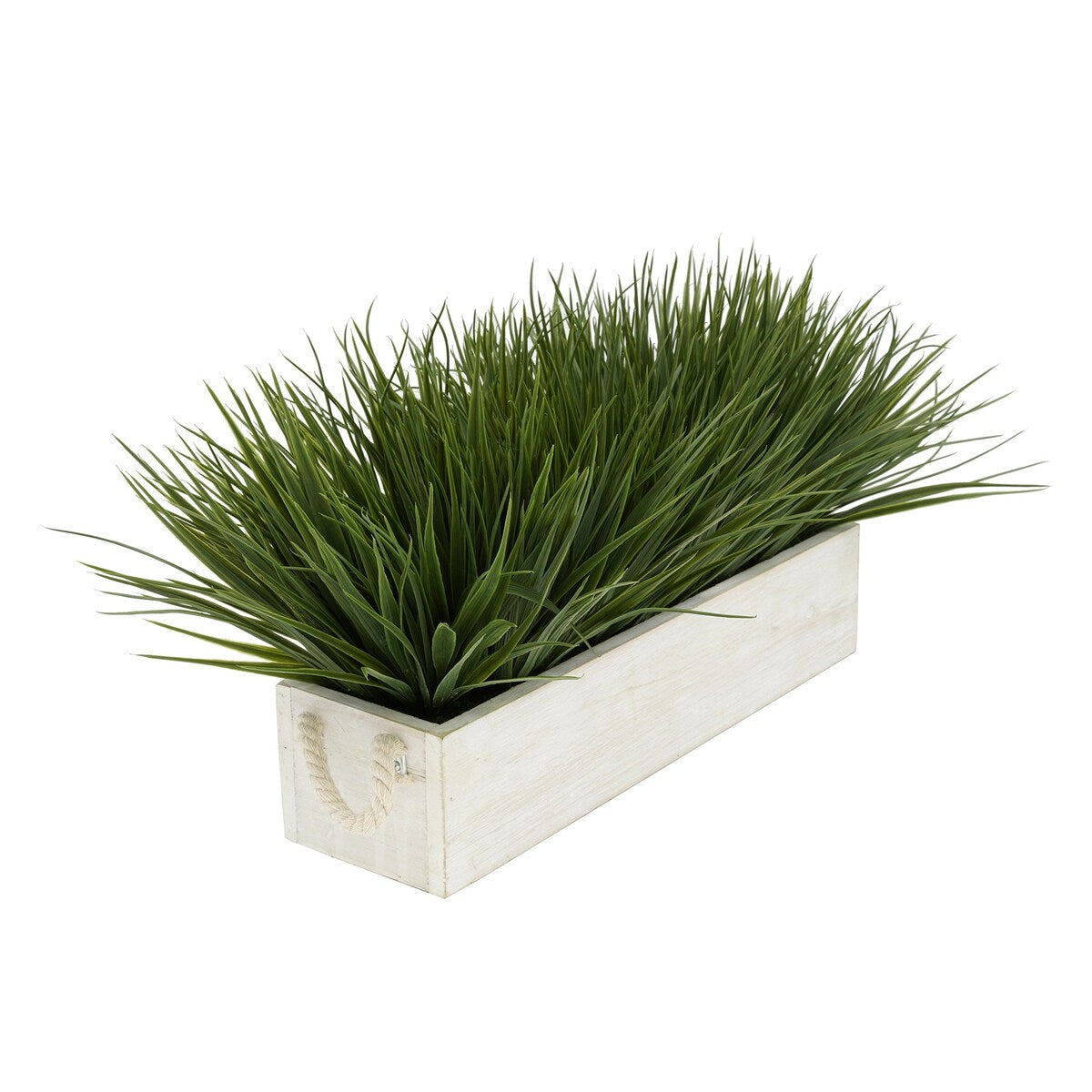 Faux Green Farm Grass in Large Washed Wood Trough with Rope Handles