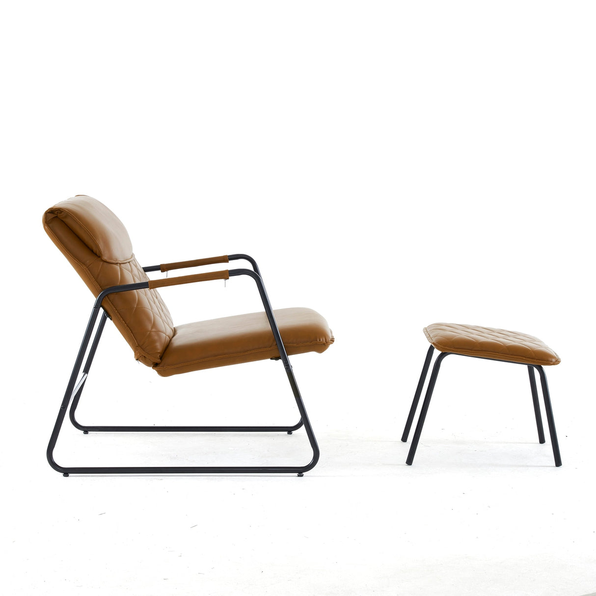 Faux Leather Accent Chair and Ottoman Combo for Living Spaces, Mid-Century Modern Leisure Chair