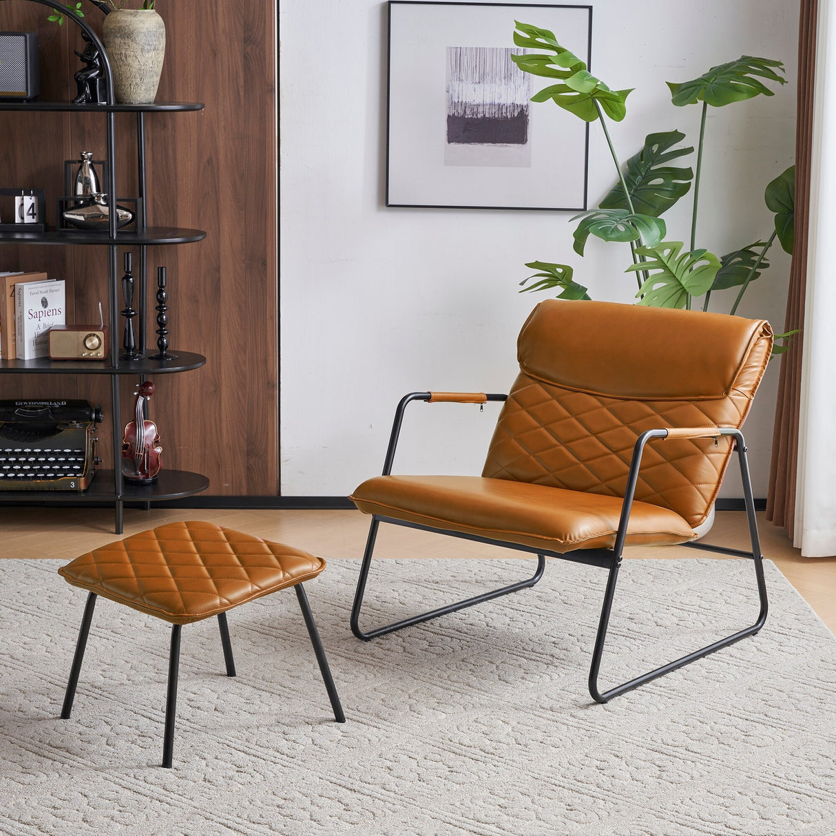 Faux Leather Accent Chair and Ottoman Combo for Living Spaces, Mid-Century Modern Leisure Chair