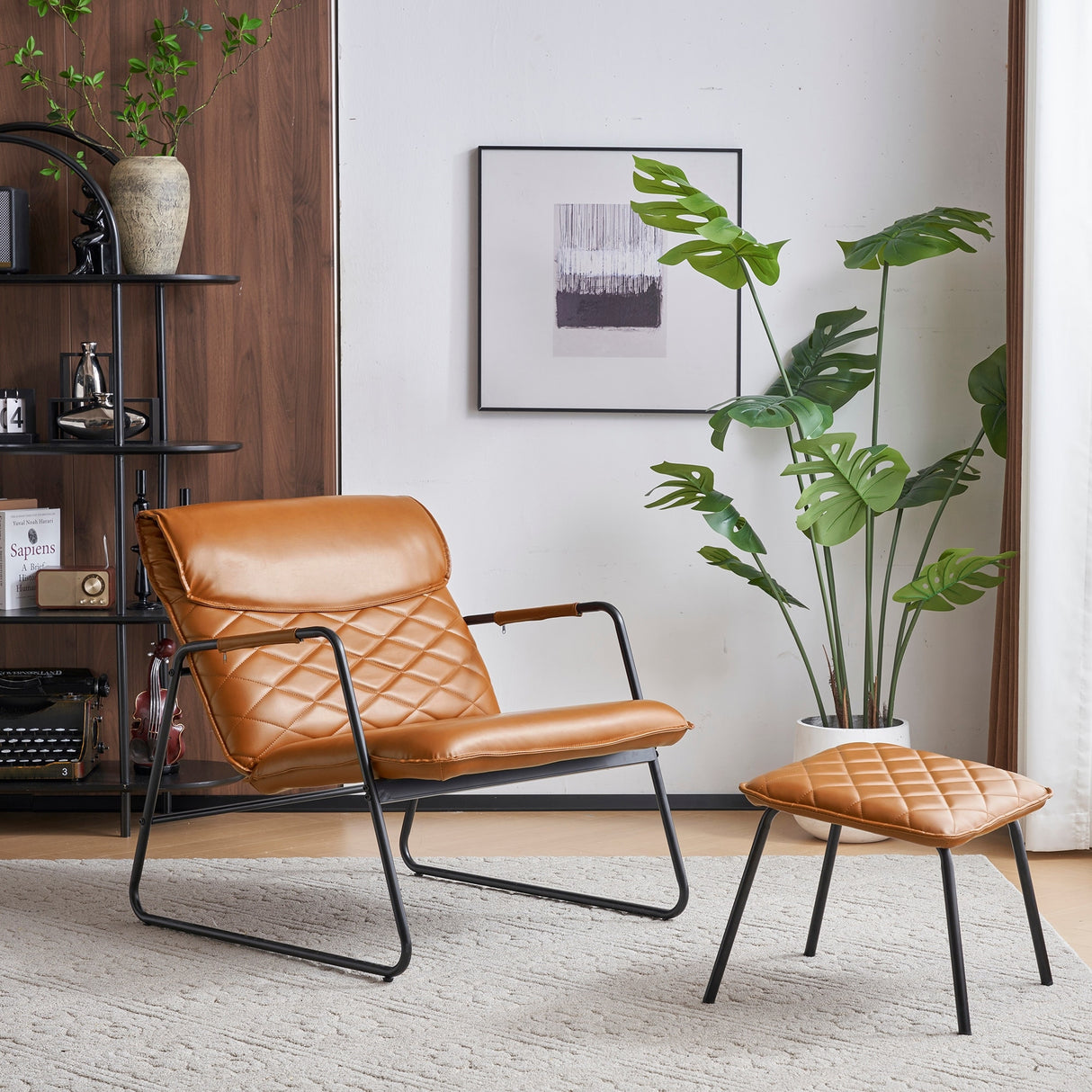 Faux Leather Accent Chair and Ottoman Combo for Living Spaces, Mid-Century Modern Leisure Chair