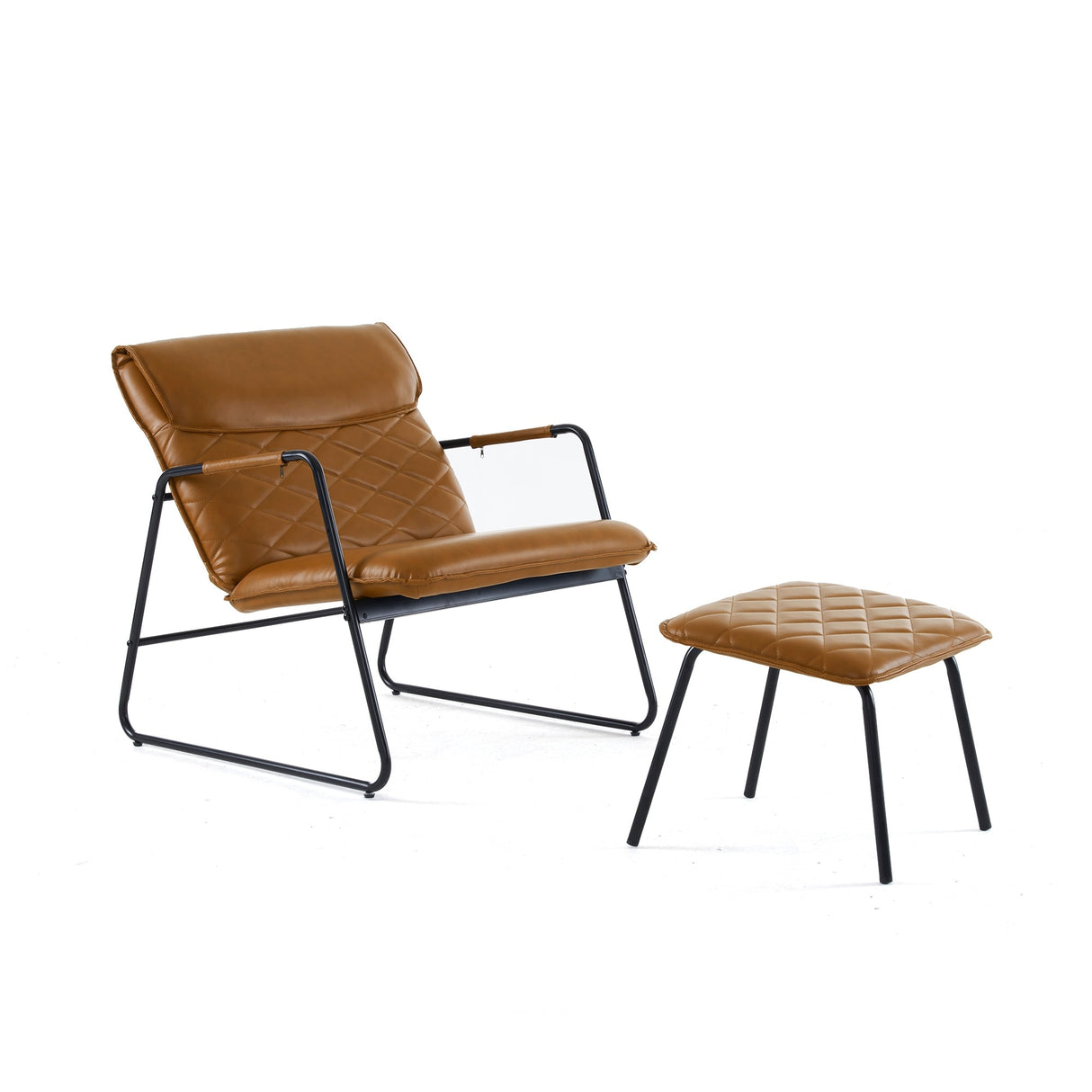 Faux Leather Accent Chair and Ottoman Combo for Living Spaces, Mid-Century Modern Leisure Chair