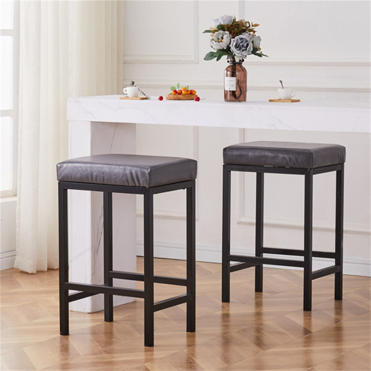 Faux Leather Bar Stools Metal Upholstered Counter Stool Set of 2