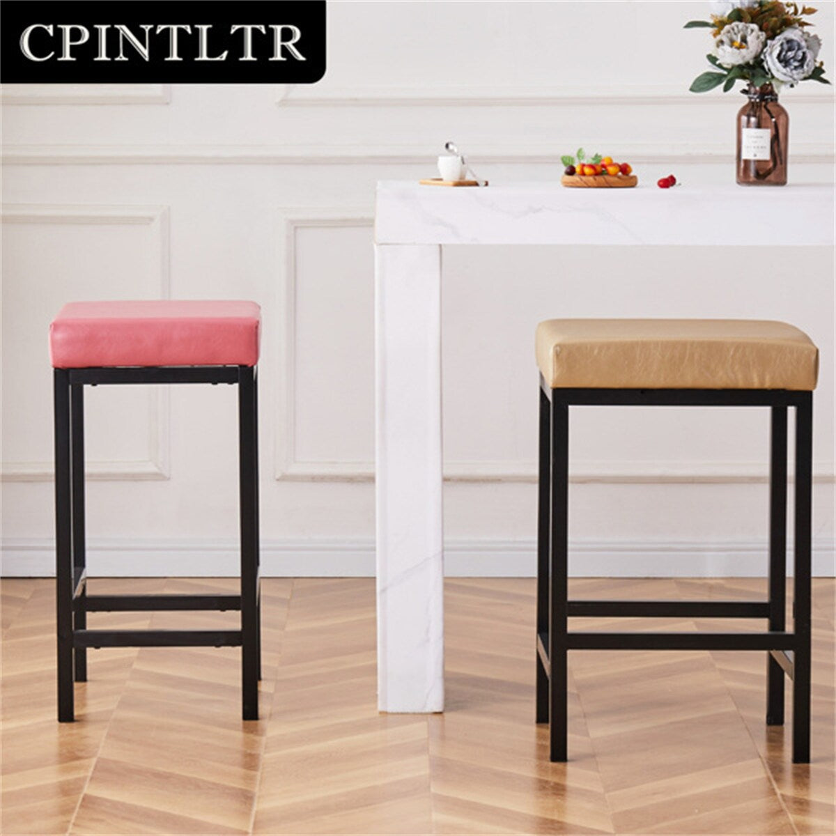Faux Leather Bar Stools Metal Upholstered Counter Stool Set of 2