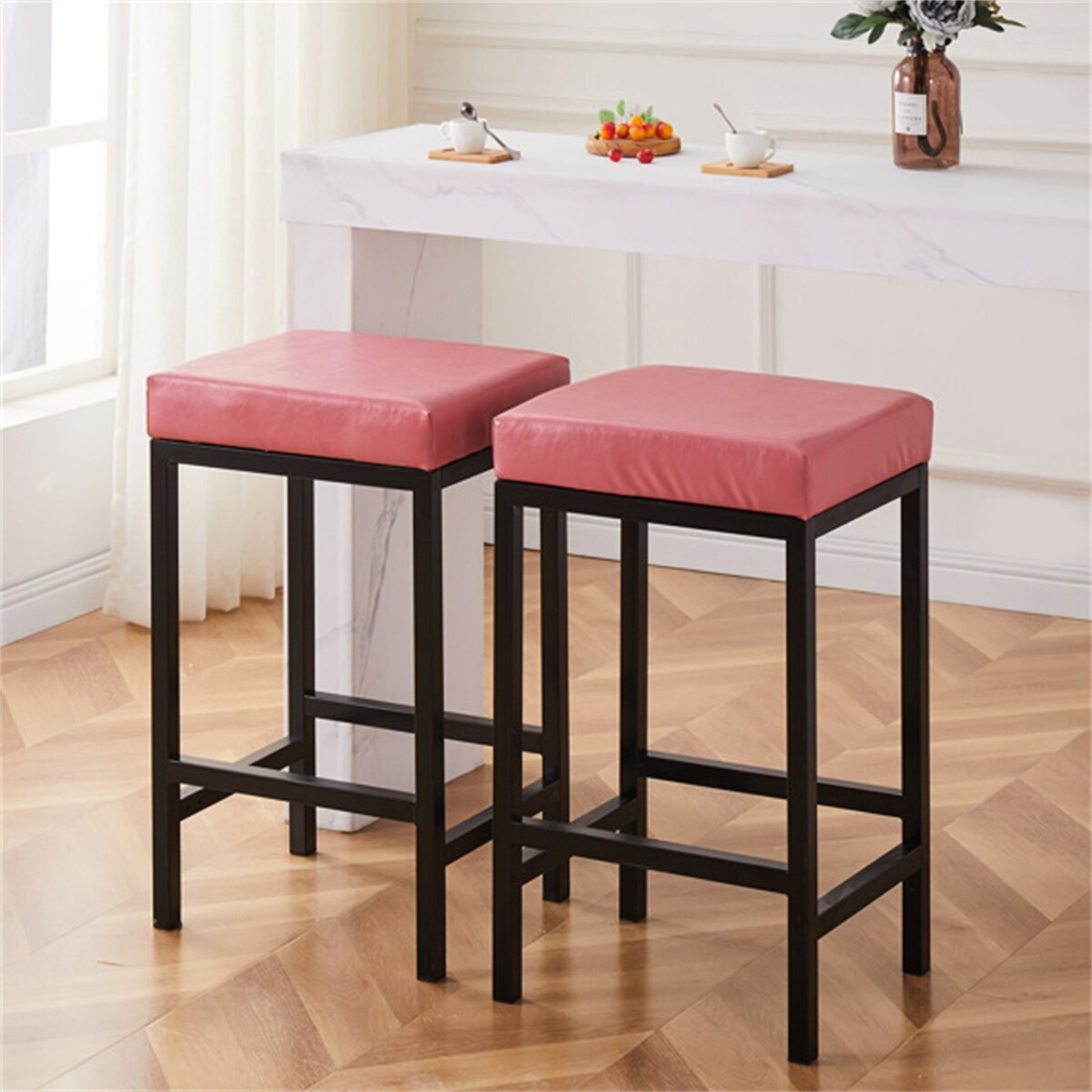 Faux Leather Bar Stools Metal Upholstered Counter Stool Set of 2