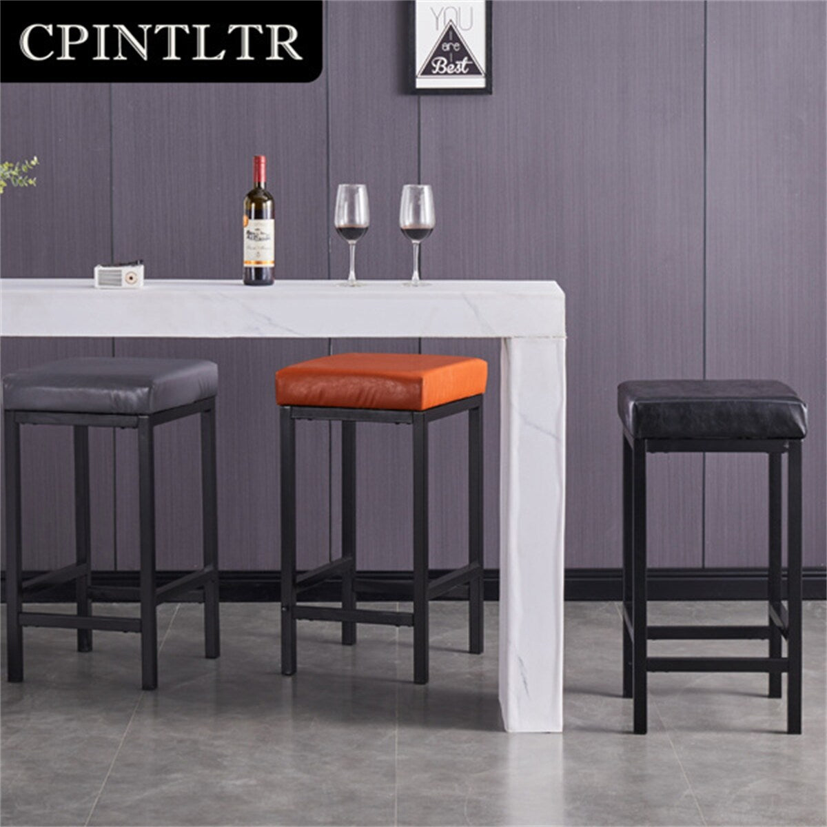 Faux Leather Bar Stools Metal Upholstered Counter Stool Set of 2