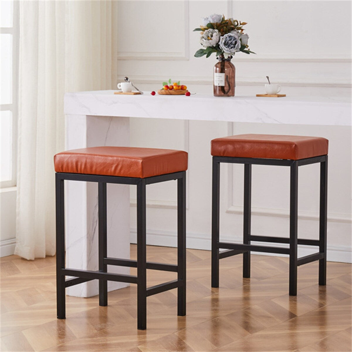 Faux Leather Bar Stools Metal Upholstered Counter Stool Set of 2
