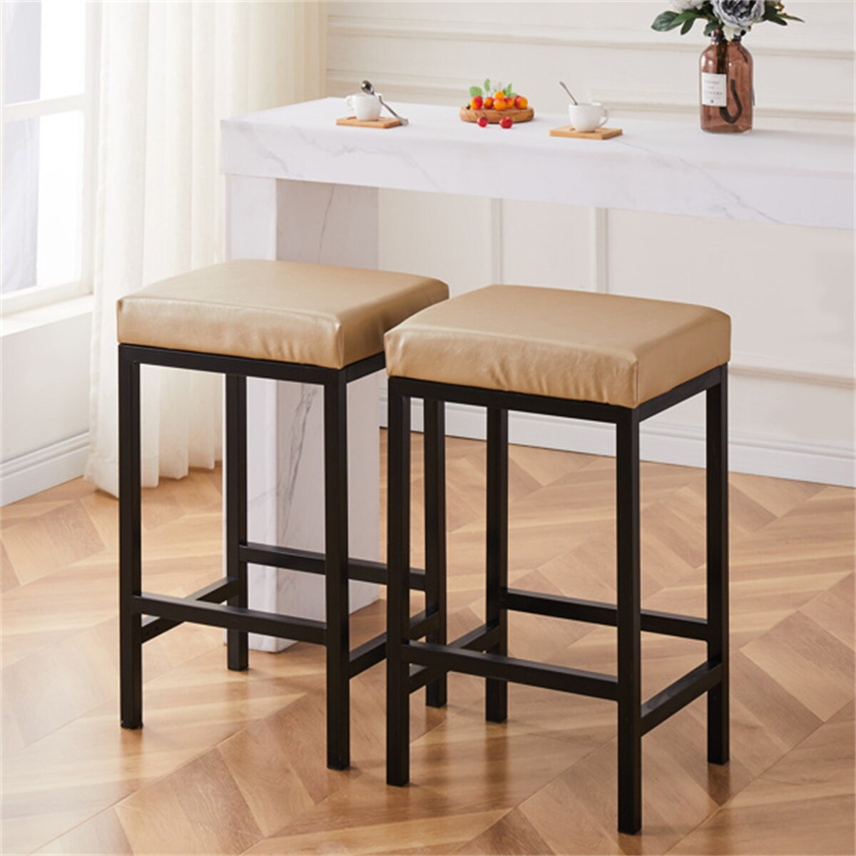 Faux Leather Bar Stools Metal Upholstered Counter Stool Set of 2