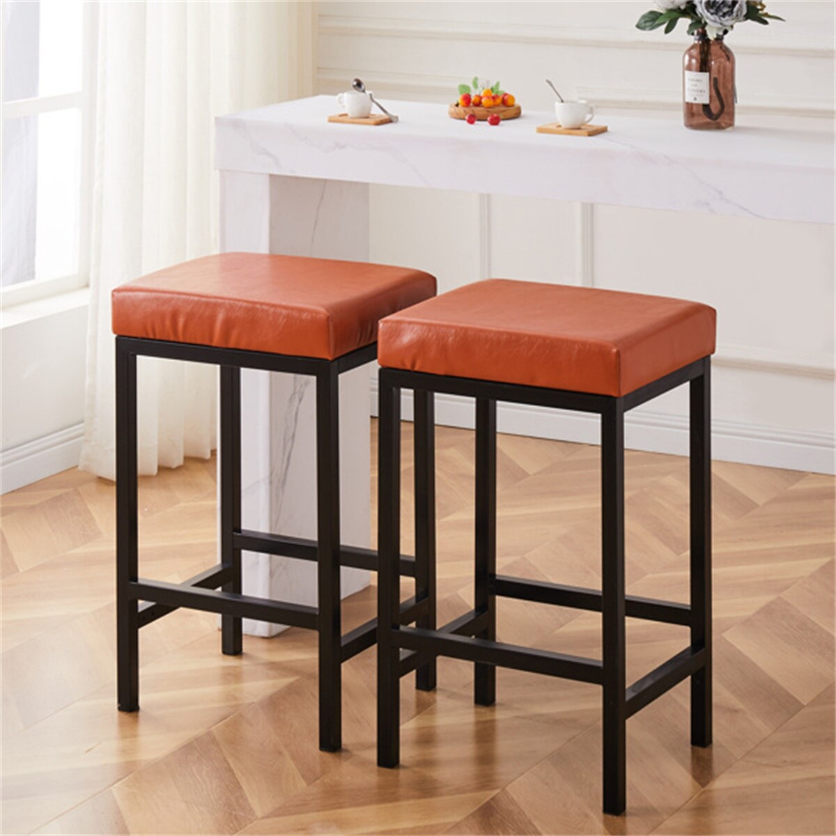 Faux Leather Bar Stools Metal Upholstered Counter Stool Set of 2
