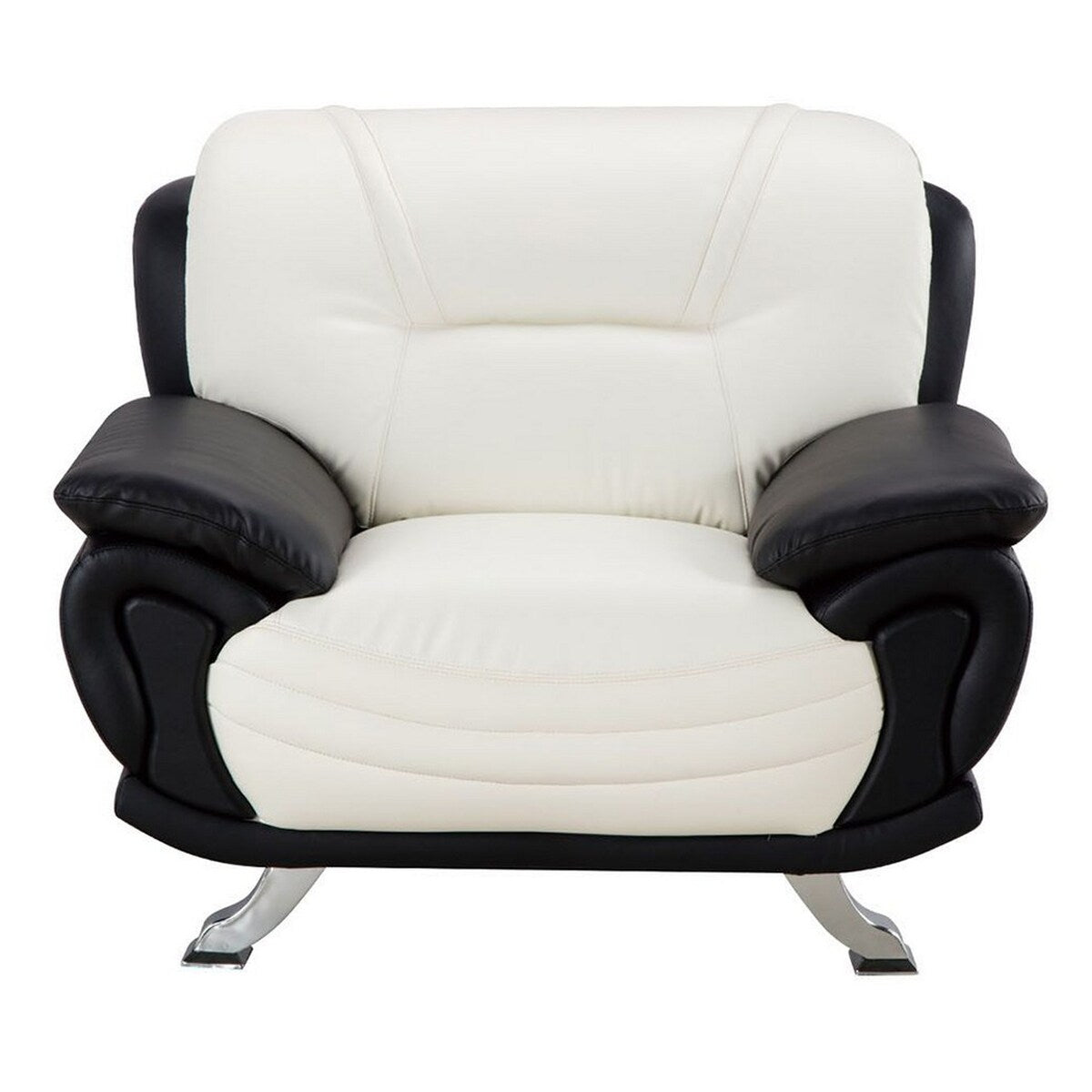 Faux Leather Chair with Curved Back and Pillow Top Arms, White and Black