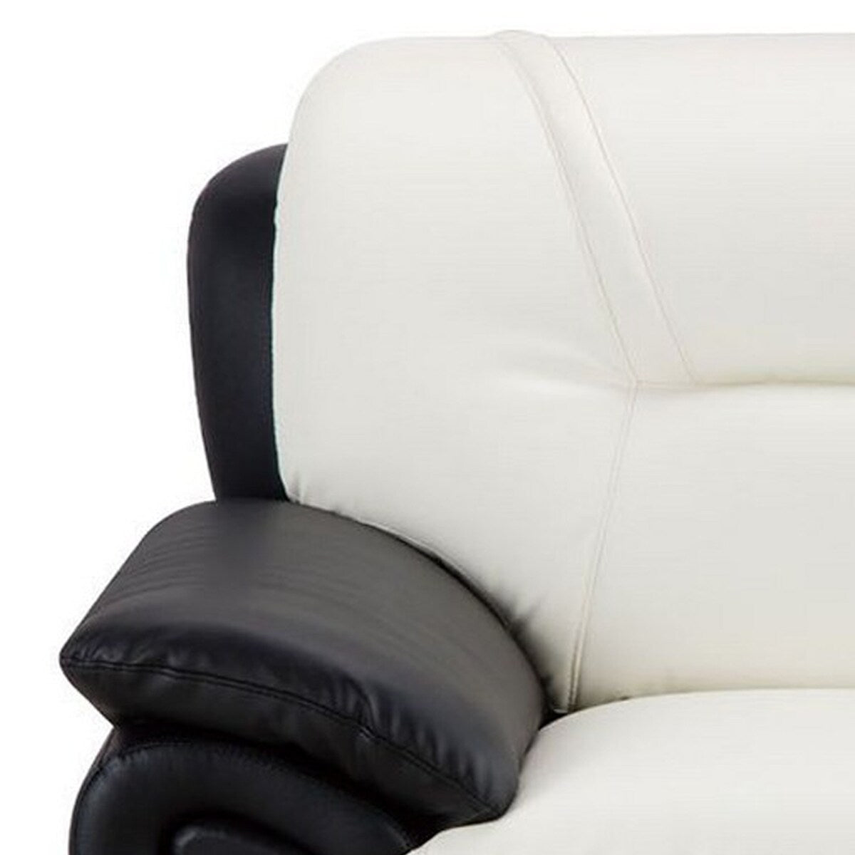 Faux Leather Chair with Curved Back and Pillow Top Arms, White and Black