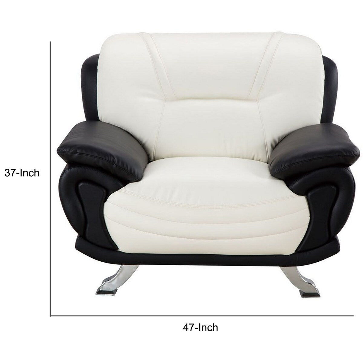 Faux Leather Chair with Curved Back and Pillow Top Arms, White and Black