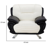 Faux Leather Chair with Curved Back and Pillow Top Arms, White and Black