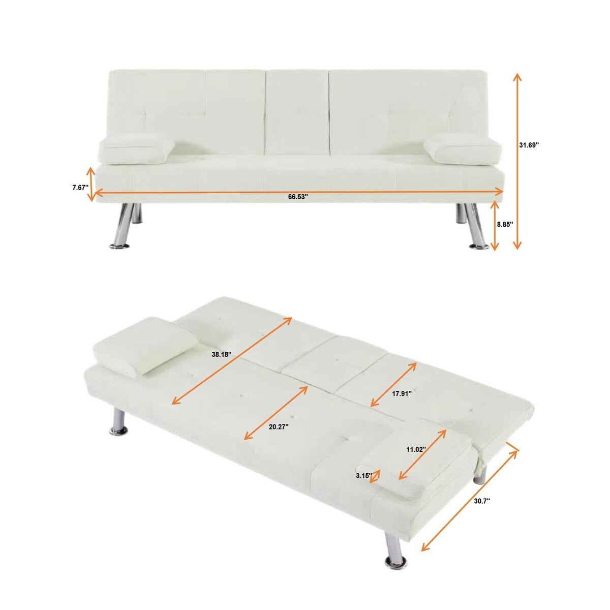 Faux Leather Convertible Sofa Bed with Removable Arm and 2 Cupholders