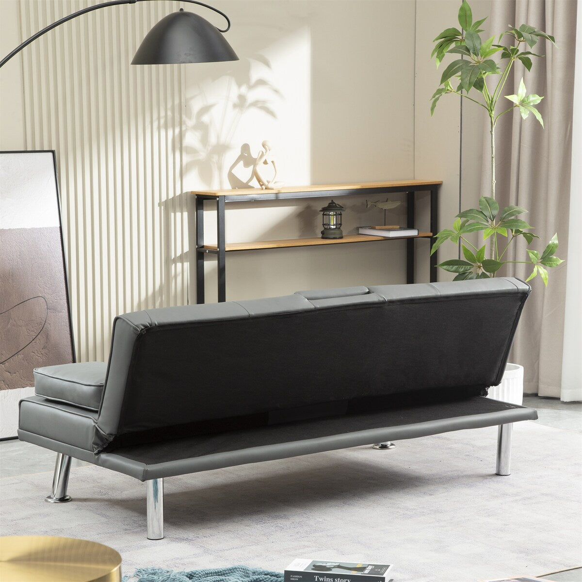 Faux Leather Convertible Sofa Bed with Removable Arm and 2 Cupholders